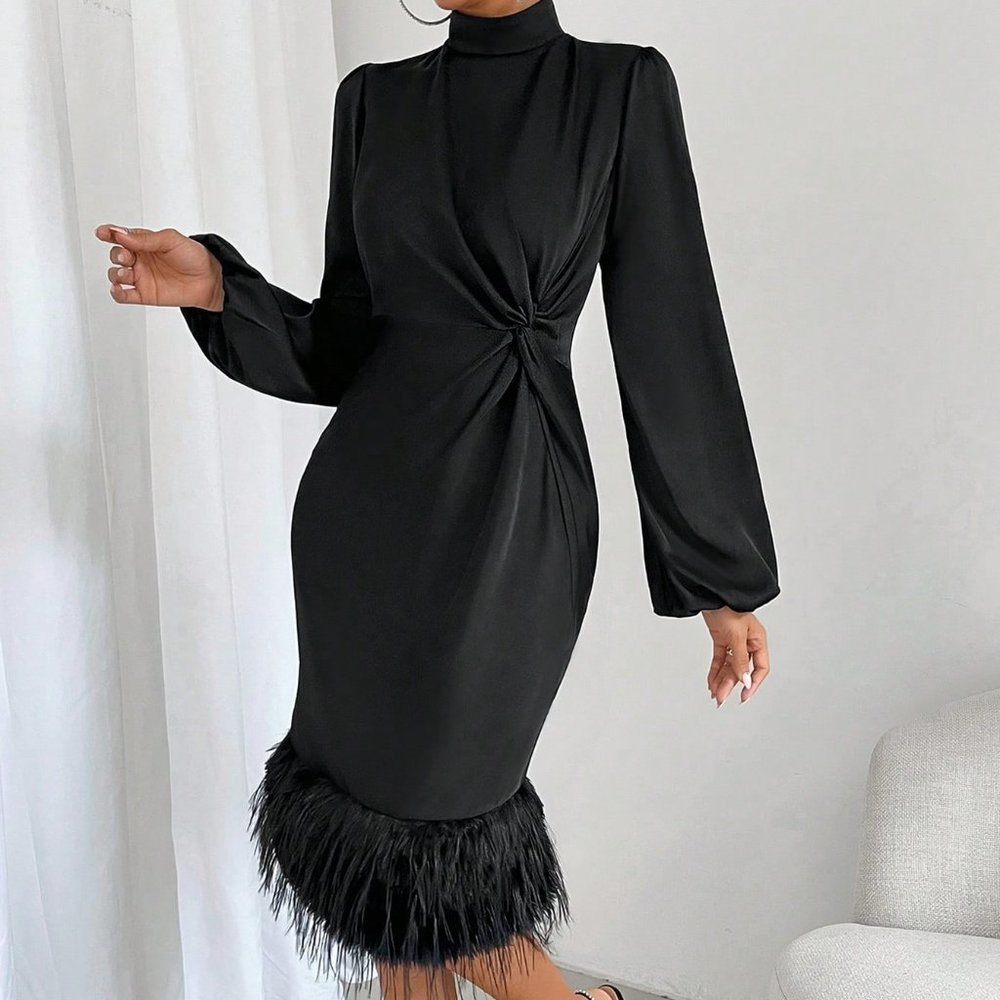 Black Preppy Womens Twist Front Fuzzy Trim Lantern Sleeve Dress - Picture 5 of 5
